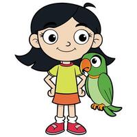 Cartoon girl character with green parrot friend isolated on white background vector
