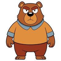 Grumpy brown bear cartoon character wearing clothes standing upright vector