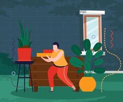 Illustration design of a man looking at ornamental plants, with a green wall background vector