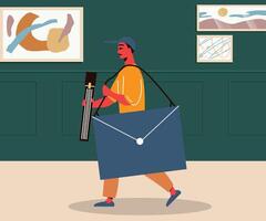 Illustration design of a man who is carrying a large message bag near the house, with a green wall background vector