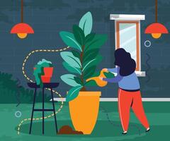 Illustration design of a watering an ornamental tree, with a green wall background vector