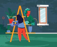 Illustration design of a woman taking care of plants with a green wall background vector