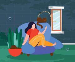 Illustration design of a woman sitting relaxing near the house, with a green wall background vector