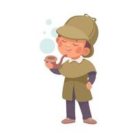 Inspecting Detective Boy Character Smoking Pipe Investigating Case Illustration vector