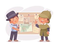 Inspecting Detective Boy Character at Board Investigating Case Illustration vector