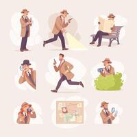 Inspecting Detective Man Character Investigating Case Set vector
