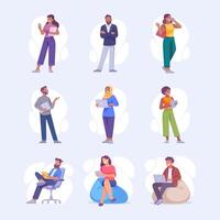 Man and Woman Entrepreneur Character Standing and Use Gadget Set vector