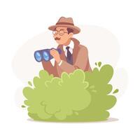Inspecting Detective Man Character Sit in Bush with Binocular Investigating Case Illustration vector