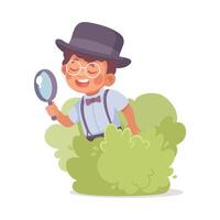 Inspecting Detective Boy Character Sit in Bush with Magnifier Investigating Case Illustration vector