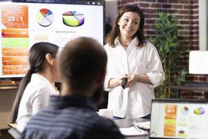 Female entrepreneur presenting brand strategy to startup team using digital screen in office. Diverse group of coworkers working together, analyzing business data and discussing future project plans. photo