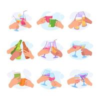 Glass with Drink in Hands Clinking Together Set vector