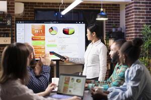 Asian businesswoman with remote in hand, pointing to screen, explaining financial data during meeting with diverse employees. Focused professionals discuss strategy using laptops and digital devices. photo