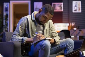 Financial analyst examining profit state on economy records and files, working from home and helping increase business revenue. Employee looking at capital funds for a development strategy. photo