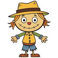 Cartoon scarecrow character illustration with straw hat and patched face for fall vector