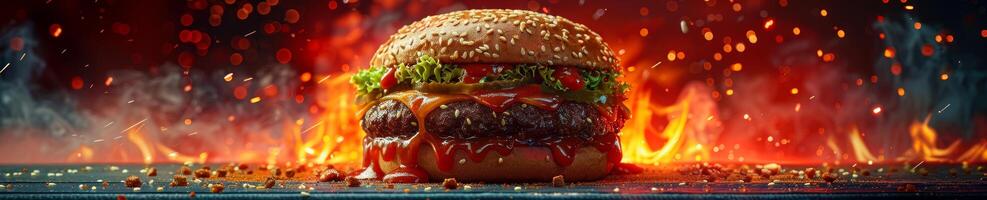 a hamburger is on fire in front of a dark background photo
