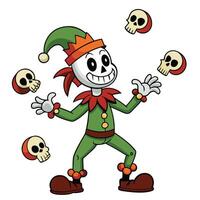 Cartoon skeleton jester juggling skulls funny halloween illustration colorful image vector