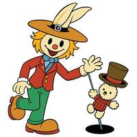 Cartoon character with puppet in red jacket and top hat illustration vector