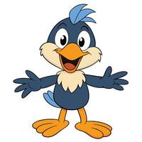 Cheerful cartoon bird mascot character spreading joy with open arms welcome vector