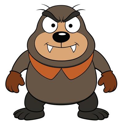 Cartoon brown bear character with fangs and angry expression standing upright