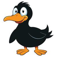 Cheerful black duck cartoon character with orange beak and feet standing still vector