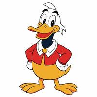 Confident cartoon duck standing posing in red jacket and yellow feathers vector