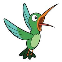 Cartoon hummingbird illustration with open beak and teal wings on white background vector