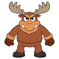 Cartoon angry moose illustration with large antlers and tusks standing isolated vector