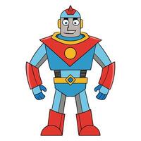 Cartoon robot character illustration in blue red and gold colors standing upright vector