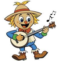 Cheerful scarecrow cartoon character playing banjo with music notes vector