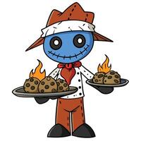 Scarecrow baker serving flaming chocolate chip cookies cartoon character vector