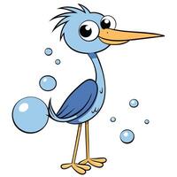 Cute cartoon heron character standing with bubbles isolated on white background vector