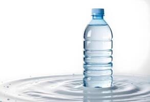Clear Plastic Water Bottle Standing in Rippling Water with White Background photo