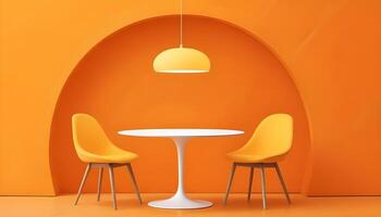 Bright and Bold Interior Design Featuring a White Table and Yellow Chairs photo