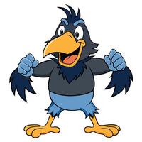 Cheerful cartoon raven standing with raised fists ready for action and fun vector