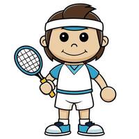 Cartoon tennis player boy holding racket ready to play on white background vector