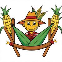 Cartoon corn character relaxing in hammock framed by corn stalks and leaves vector