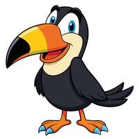 Smiling cartoon toucan bird with big colorful beak and blue eyes illustration vector