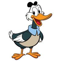 Cheerful cartoon duck character with blue collar and orange beak on white background vector