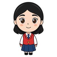 Cute cartoon schoolgirl character in uniform standing smiling isolated on white background vector
