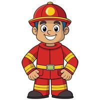 Smiling cartoon firefighter illustration in red and yellow uniform with helmet vector