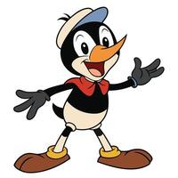 Vintage style cartoon penguin character smiling and waving its hands cheerfully illustration vector
