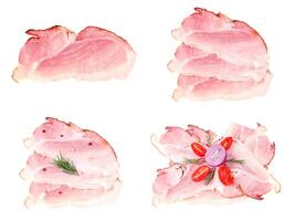 Raw smoke bacon strips set isolated on white background photo