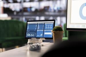 Executive workspace features a digital dashboard with financial charts and reports. This setup emphasizes productivity, data driven insights and planning for business growth and development. photo