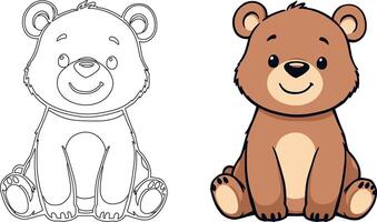 cute brown bear sitting and smiling with line art version vector