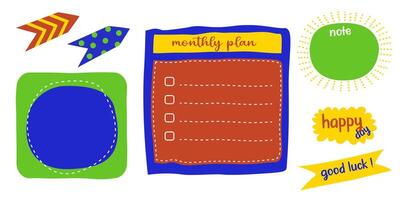 Set of vibrant color memo paper sheets, sticky note, reminder, to do list, to buy list, schedule. Templates for notebooks, planners. vector