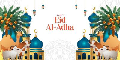 happy eid al-adha background with illustration of camel, cow, sheep and mosque background vector