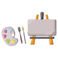 A set consisting of an easel, a palette with colored acrylic paints, an art brush and a palette knife. Elements of tools for the artist. vector