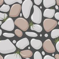Seamless pattern with smooth white and beige stones of various shapes and sizes scattered on a dark gray background. Small green plants grow between some of the stones. vector