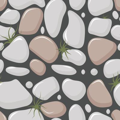 Seamless pattern with smooth white and beige stones of various shapes and sizes scattered on a dark gray background. Small green plants grow between some of the stones.