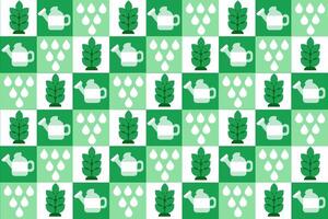 Abstract seamless pattern with gardening tools and plants inside green and white squares suitable for creating backgrounds, packaging, flyers, leaflets or web materials. vector